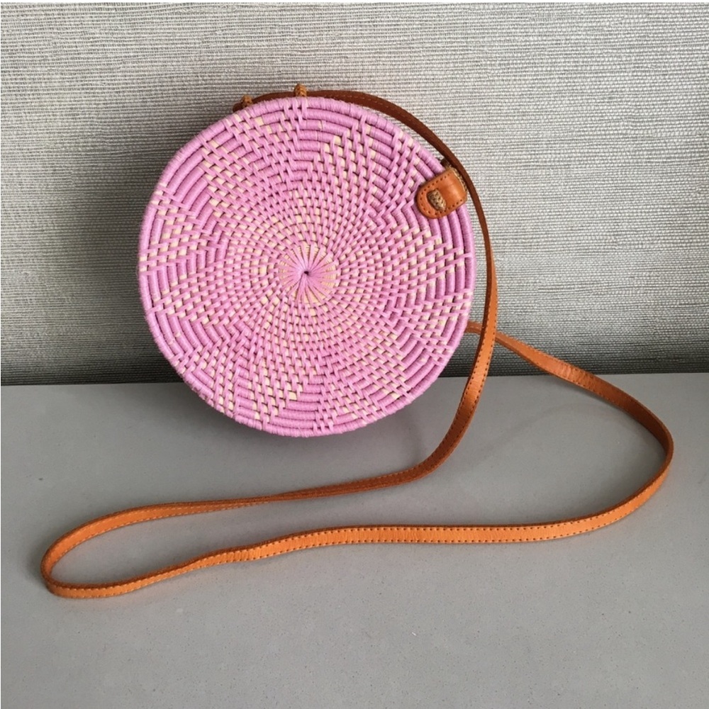 Pink Haley Handmade Bali Round Rattan Crossbody Bag Pink Leather
